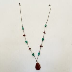 Turquoise and Coral Necklace Sterling Silver Boho Southwestern‎ Natural Stone